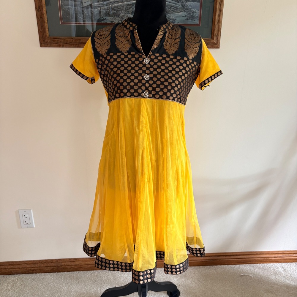 Soch Kurti Tunic Top Womens XL Yellow Black Gold Brocade Mesh Ethnic Wear NEW